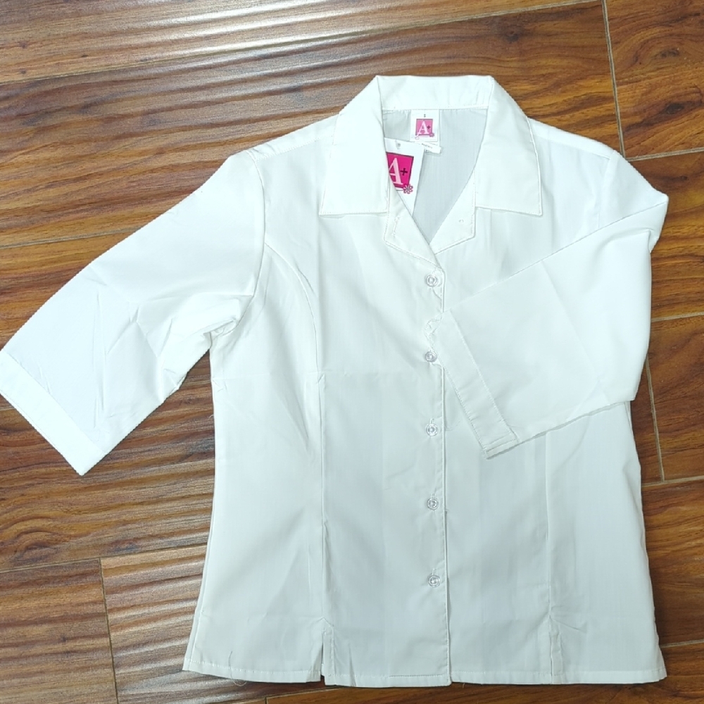 A+ 9267 Youth White Button-Up Blouse, 3/4 Sleeve